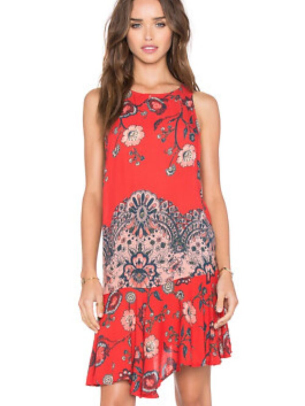 Free People Intimately Red Bohemian Print Slip Dress- Size SP Resortcore Fairy